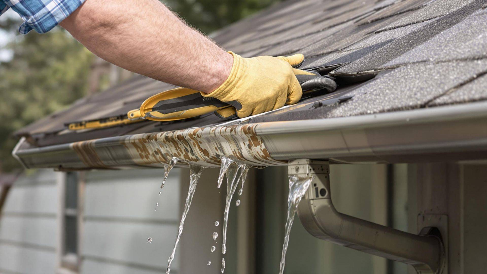 Gutter repair NJ — technician fixing a leaking gutter seam on a residential home
