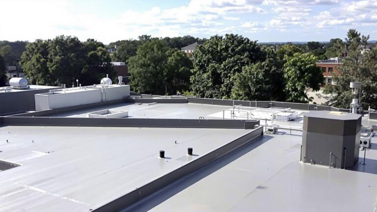 Commercial roofing services on a New Jersey building