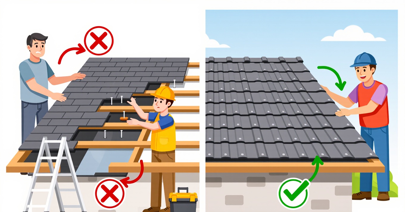 Split image showing incorrect versus correct roofing installation techniques