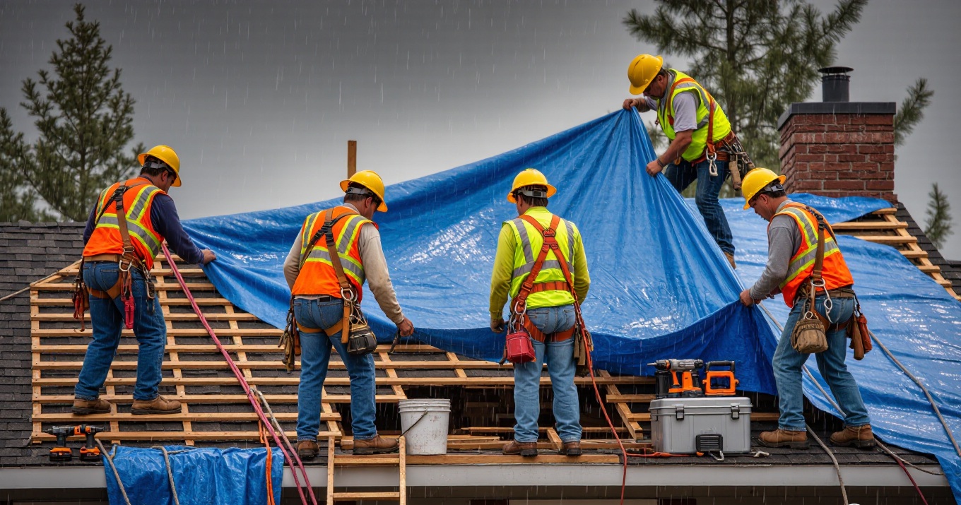 Emergency roofing repair crew responding to storm damage