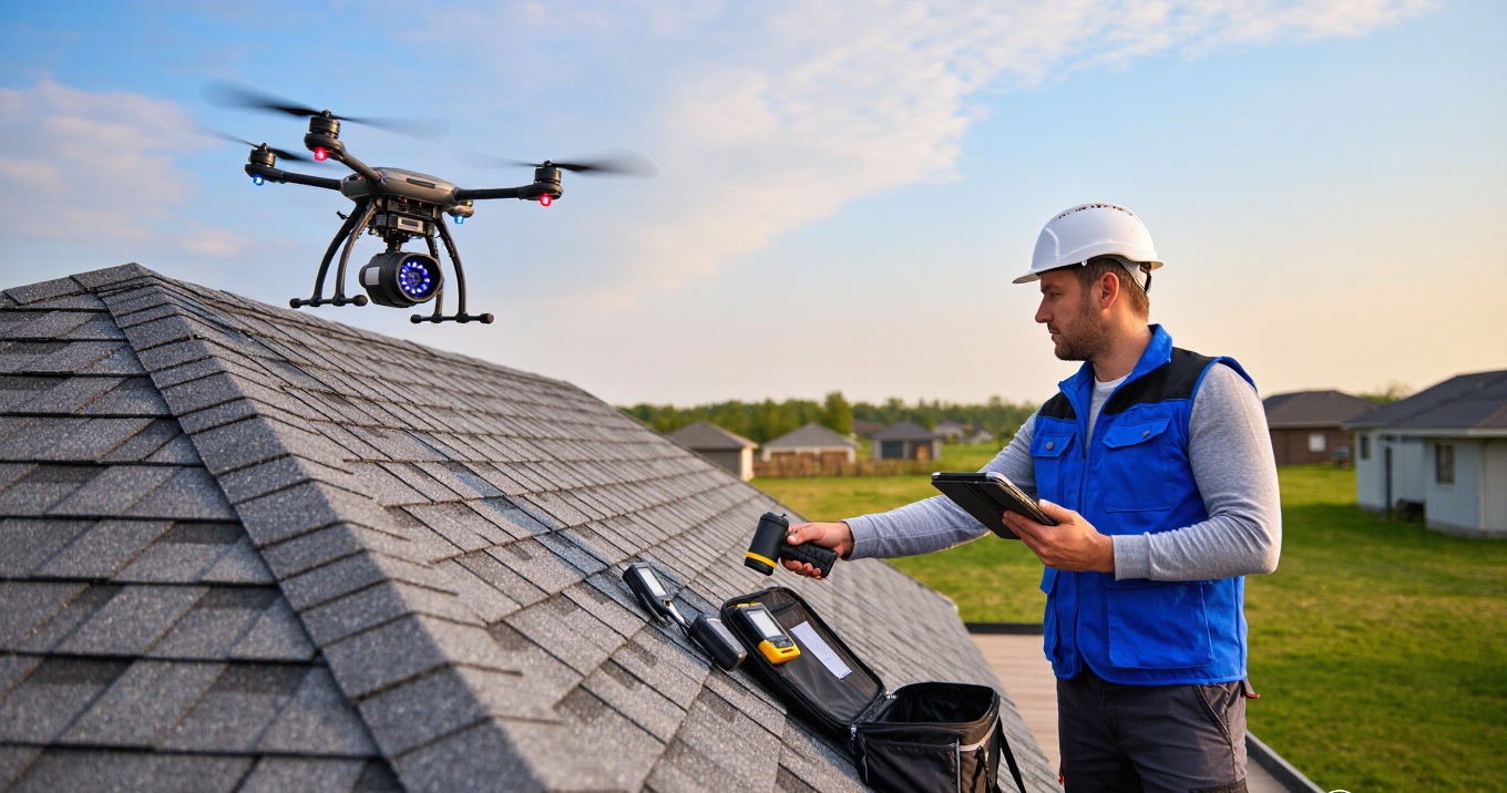 Professional roof inspector conducting detailed examination