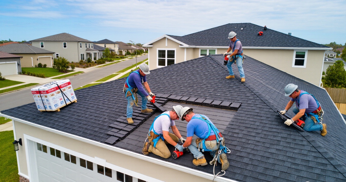 Professional roofing contractors installing shingles