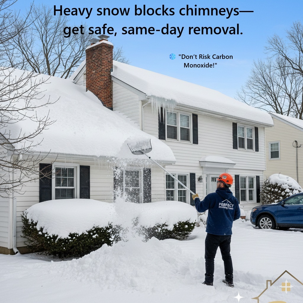 Roof covered in heavy snow during cold winter in New Jersey requiring professional removal service
