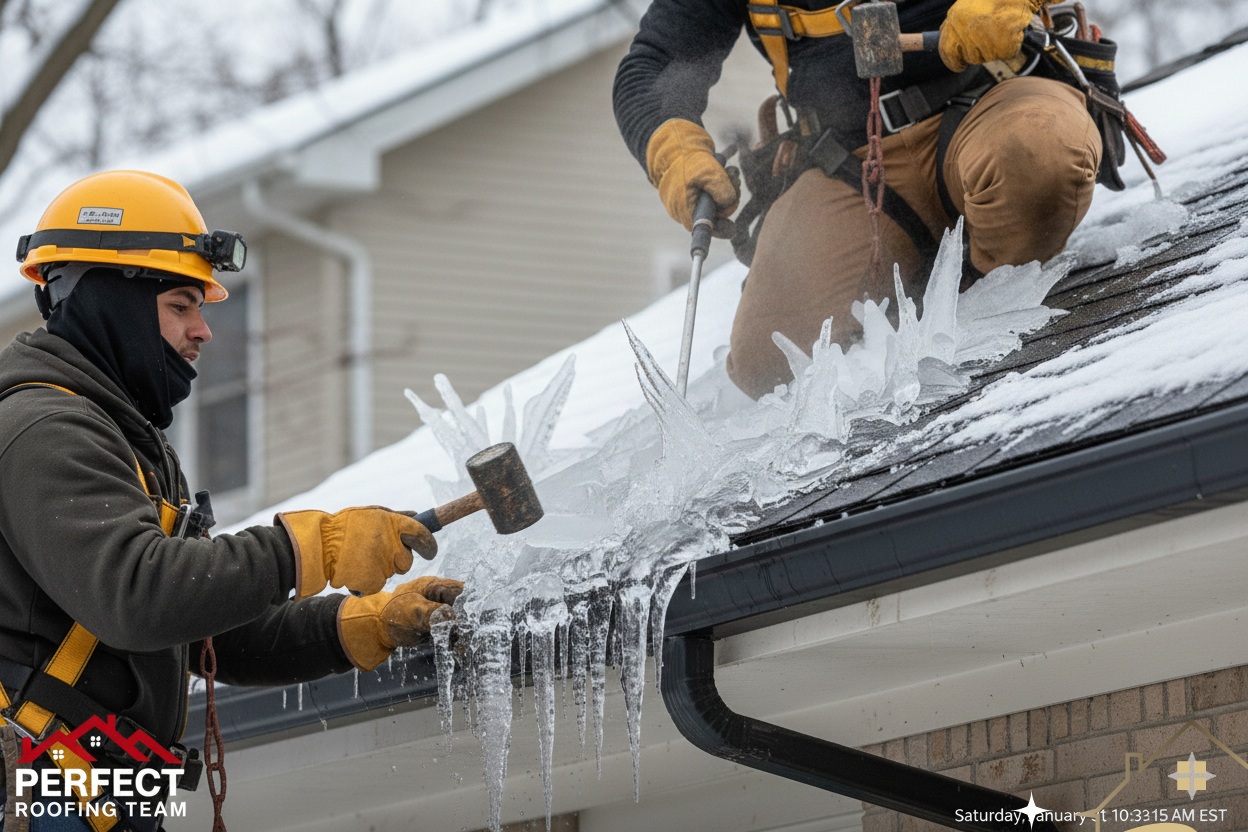Roof covered in heavy snow during cold winter in New Jersey requiring professional removal service