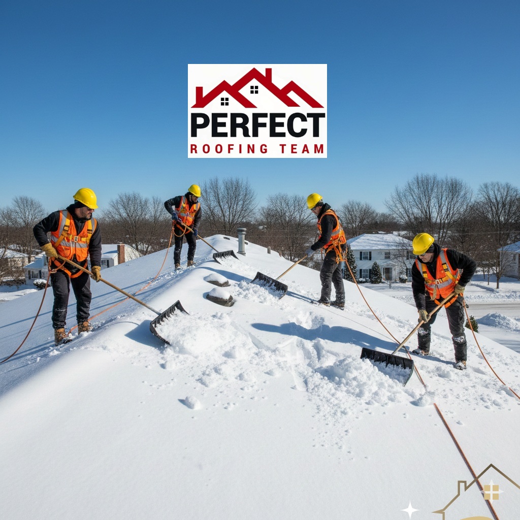 Roof covered in heavy snow during cold winter in New Jersey requiring professional removal service