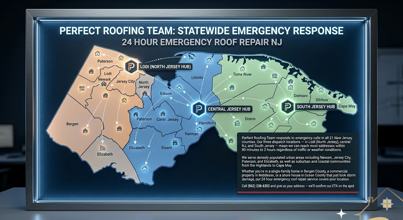 Perfect Roofing Team statewide emergency response coverage map New Jersey