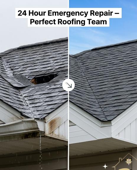 Completed emergency roof repair NJ — Perfect Roofing Team before and after storm damage repair in Essex County