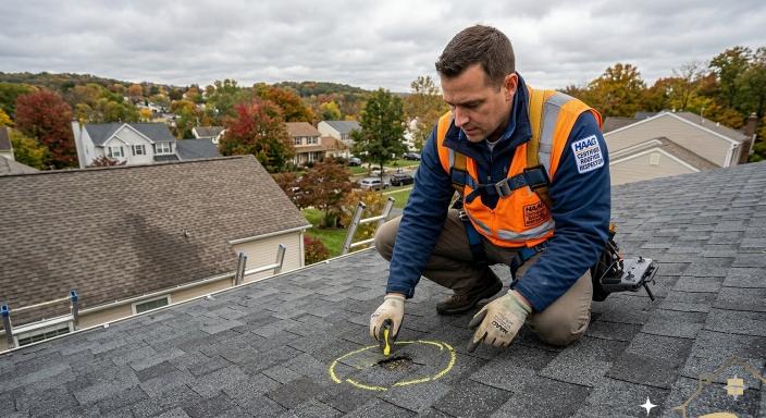 HAAG Certified roof inspector marking hail damage in Bergen County NJ