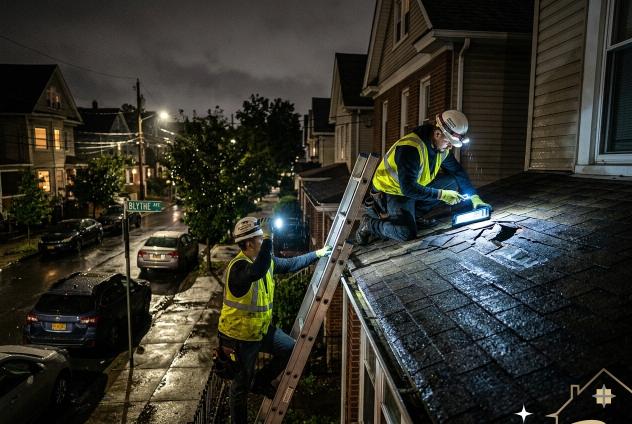 24 hour emergency roof repair NJ process — Perfect Roofing Team crew conducting damage assessment at night