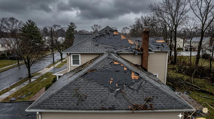 24 hour emergency roof repair NJ — storm-damaged shingles after nor'easter in Bergen County