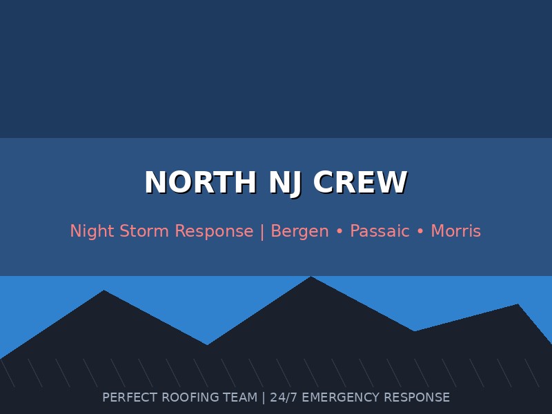 About us: North NJ emergency roofing crew inspecting storm damage at night