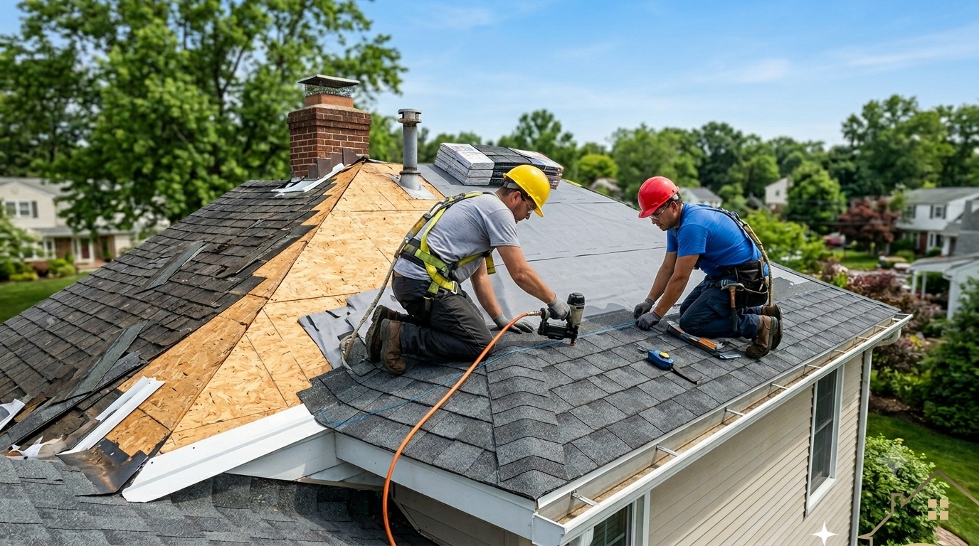 Perfect Roofing Team installing architectural asphalt shingles during a roof replacement in Bergen County NJ