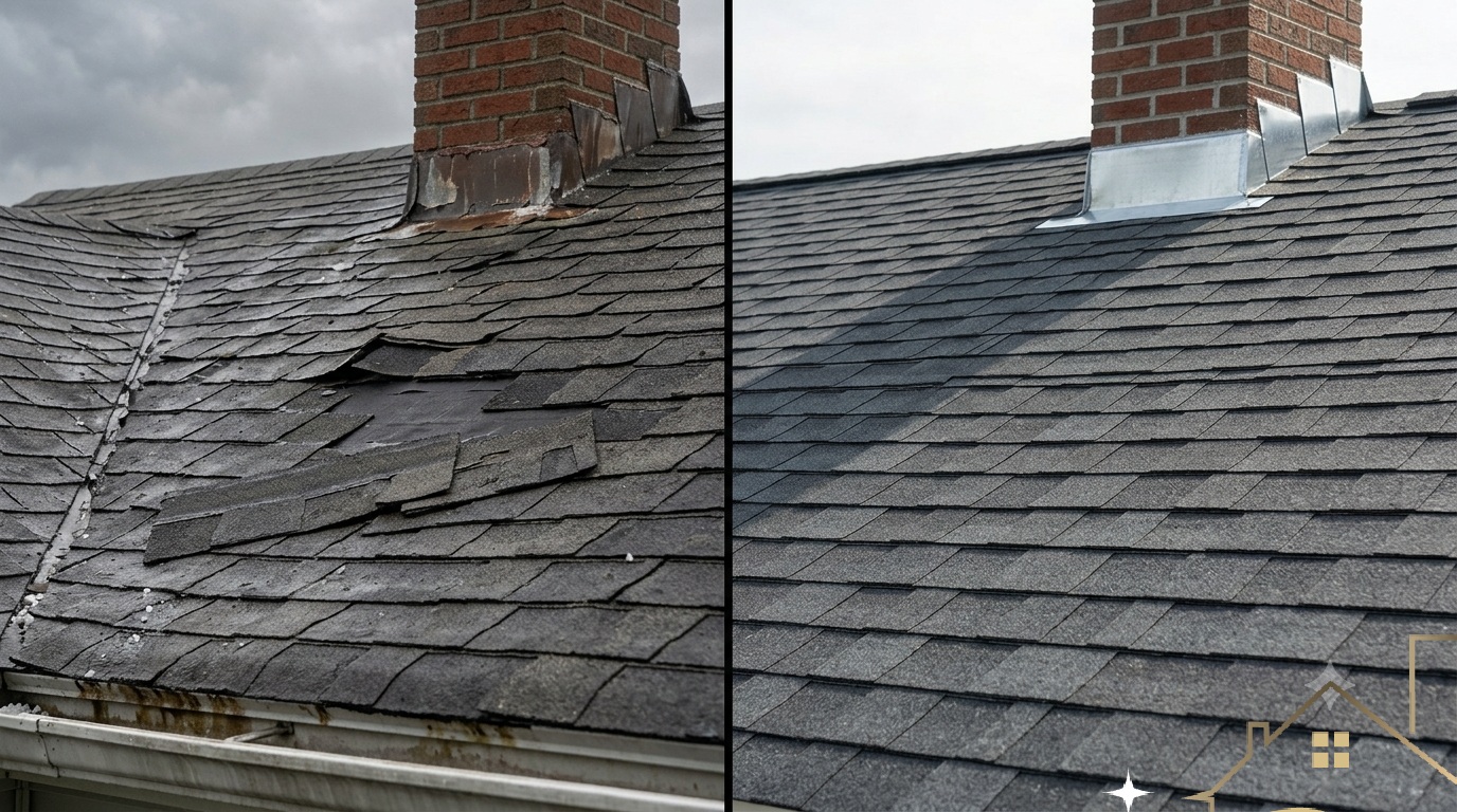 Wind-lifted and missing asphalt shingles after a storm on a Bergen County NJ home