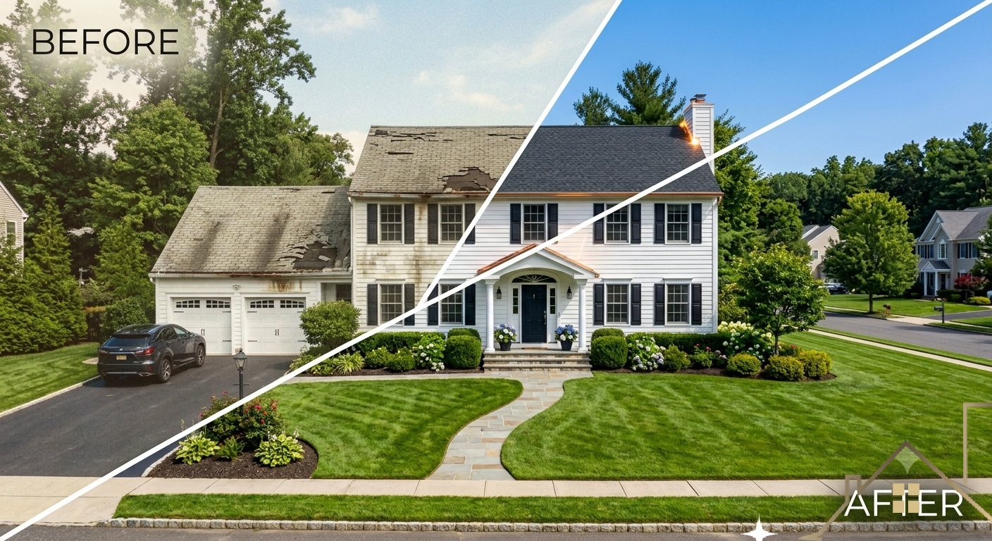 Before and after split image of a historic home roof restoration in Ridgewood NJ showing rotted decking replaced with new shingles