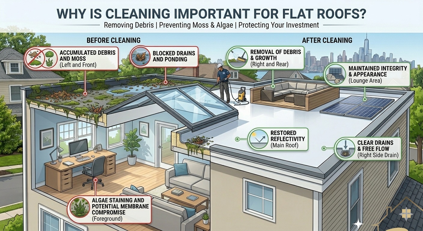 Flat roof cleaning and maintenance on a commercial building in New Jersey