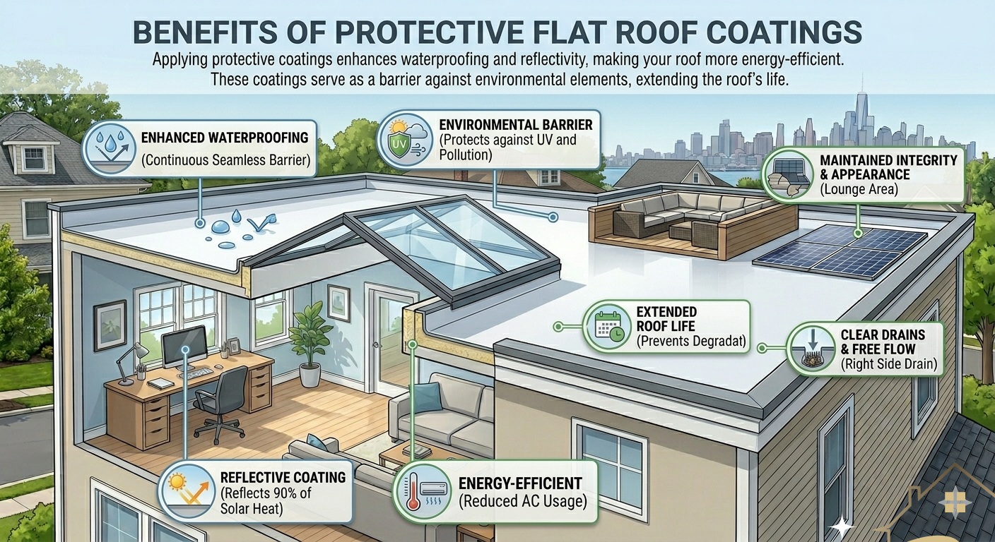 Reflective coating applied to a flat roof membrane on a New Jersey commercial building