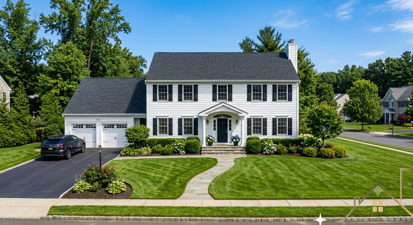 Wide-angle view of a newly installed architectural asphalt shingle roof on a colonial home in Bergen County NJ under clear blue skies