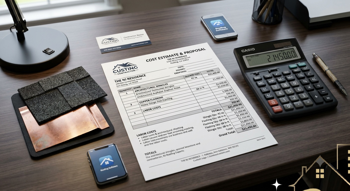 Close-up of roofing cost estimate paperwork next to samples of asphalt shingles and metal flashing on a wooden table