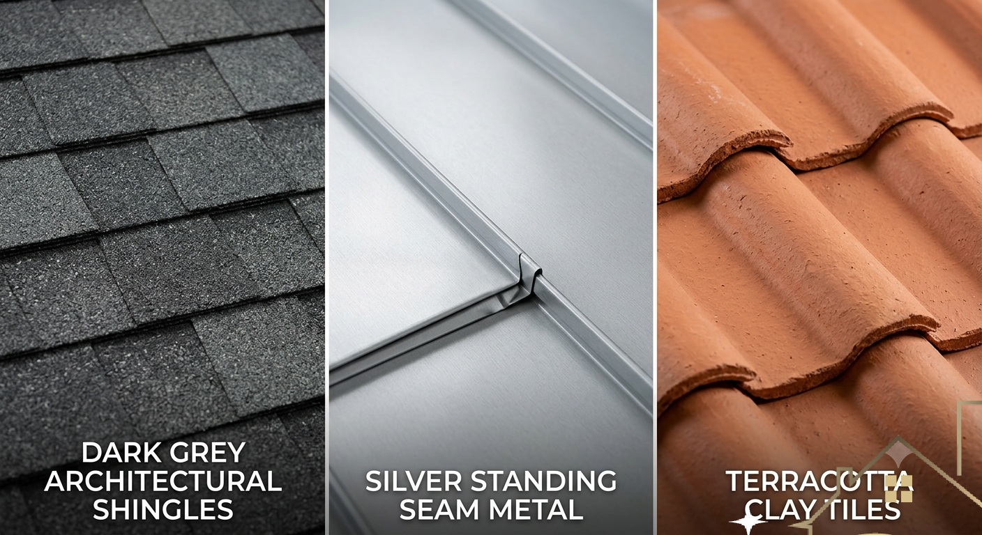 Split-screen comparison showing three roofing materials side-by-side: architectural asphalt shingles, standing seam metal, and clay tile