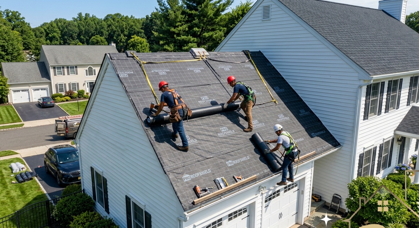 Professional roofing crew in safety gear installing synthetic underlayment and flashing on a residential roof in NJ