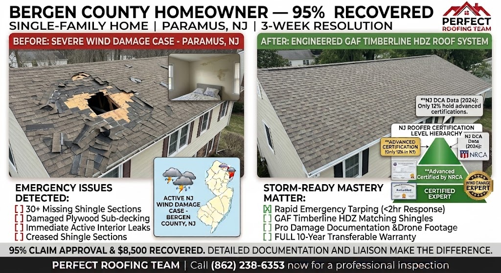 Bergen County NJ wind damage roof repair case study by Perfect Roofing Team