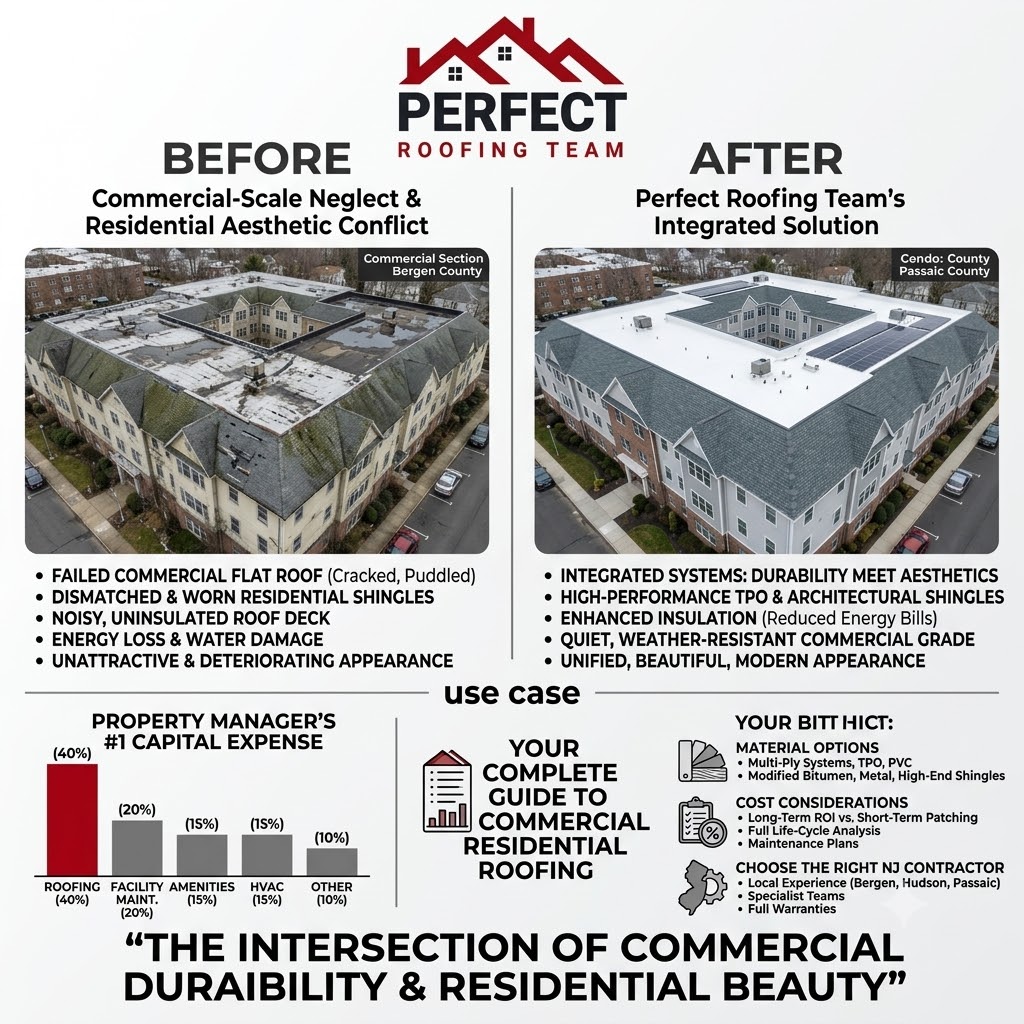 Commercial Residential Roofing — Apartment building with mixed commercial and residential sections