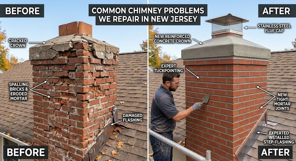 Chimney repair New Jersey — cracked crown and flashing