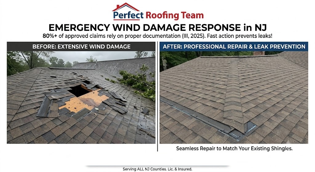 Emergency wind damage response by Perfect Roofing Team in New Jersey