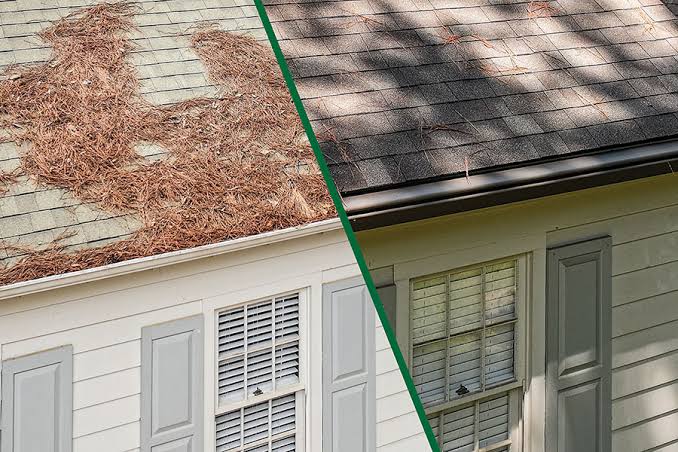Clogged gutter full of leaves and debris on a New Jersey home before repair