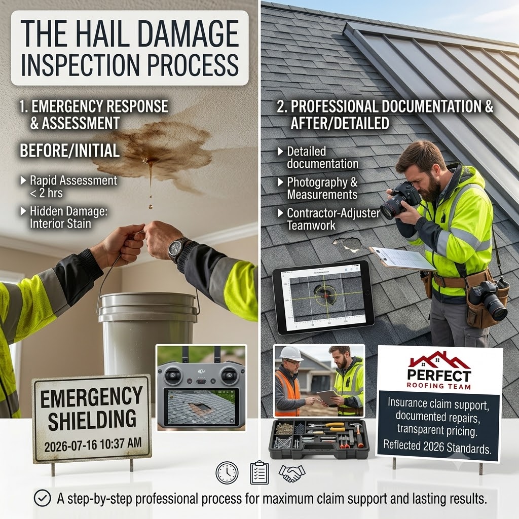 Hail damage inspection process — 6-step professional assessment from immediate response to transparent pricing