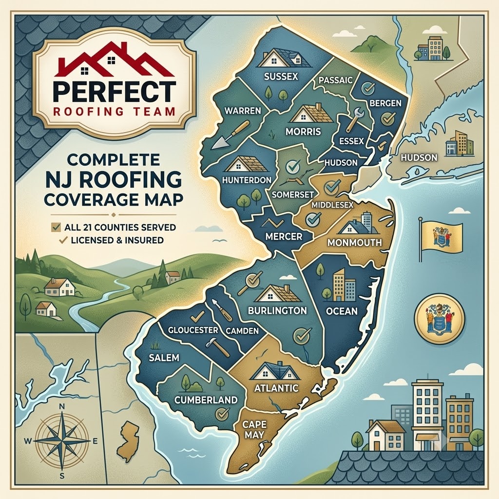NJ Coverage Map — Perfect Roofing Team serves all 21 New Jersey counties