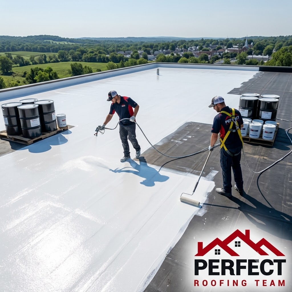 Roof Coatings Protection — Professional coating application on commercial building