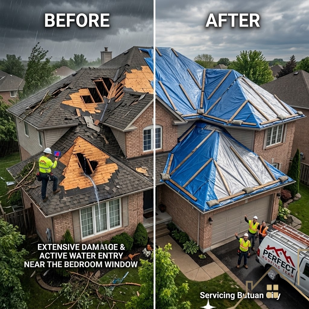 Roof emergency in New Jersey &mdash; emergency tarping installed over storm-damaged roof section