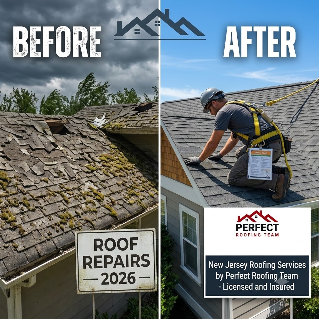 Professional roofing contractors installing shingles on residential NJ property