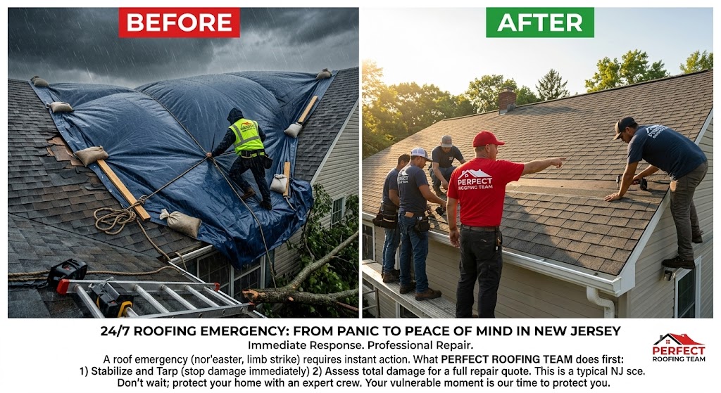 Roof emergency in New Jersey &mdash; emergency tarping installed over storm-damaged roof section
