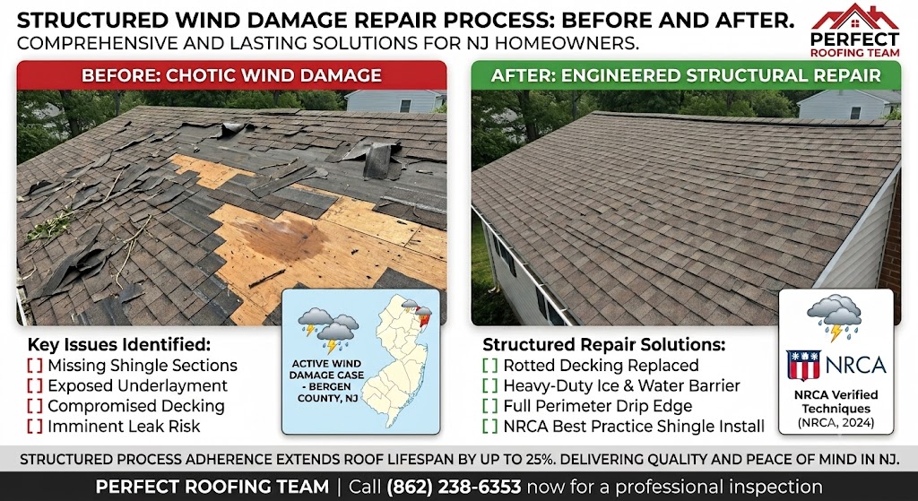 Perfect Roofing Team wind damage repair process in New Jersey