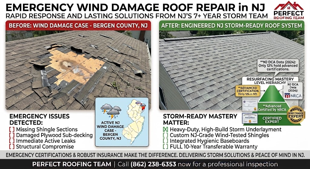Wind damage roof repair on a New Jersey home by Perfect Roofing Team