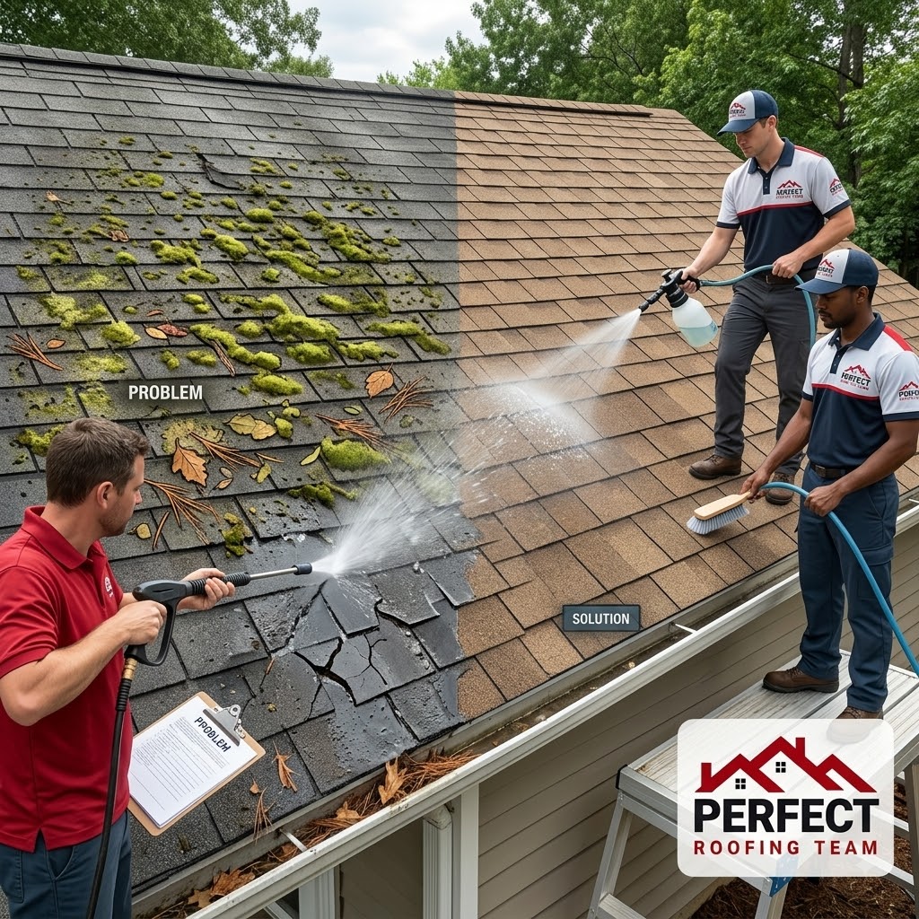 Before and after roof cleaning — moss and algae removal results by Perfect Roofing Team NJ