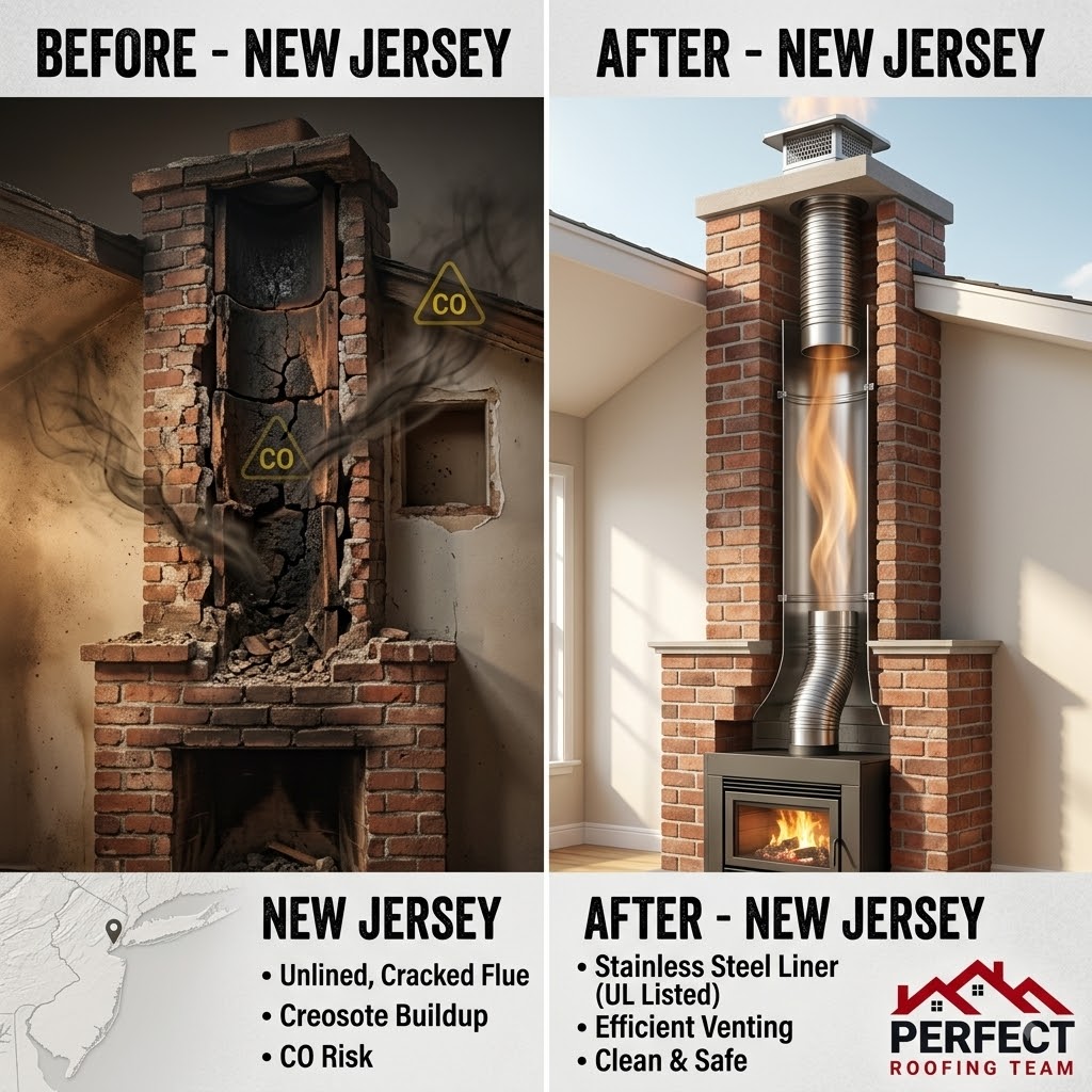 Professional chimney liner installation by Perfect Roofing Team in New Jersey