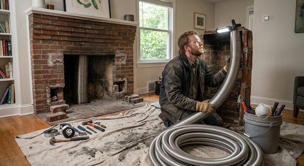 Inside view of a 316L stainless steel chimney liner installed in a New Jersey home
