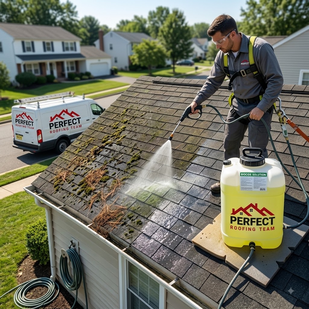Perfectly cleaned roof in New Jersey — soft wash results by Perfect Roofing Team