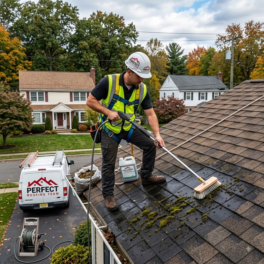 Perfect Roofing Team performing roof cleaning service in Bergen County New Jersey